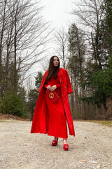 Gorgeous 1950s Red Silk Embroidered Asian Evening Coat w Top Stitched Cuffs & Collar
