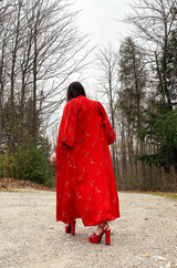 Gorgeous 1950s Red Silk Embroidered Asian Evening Coat w Top Stitched Cuffs & Collar