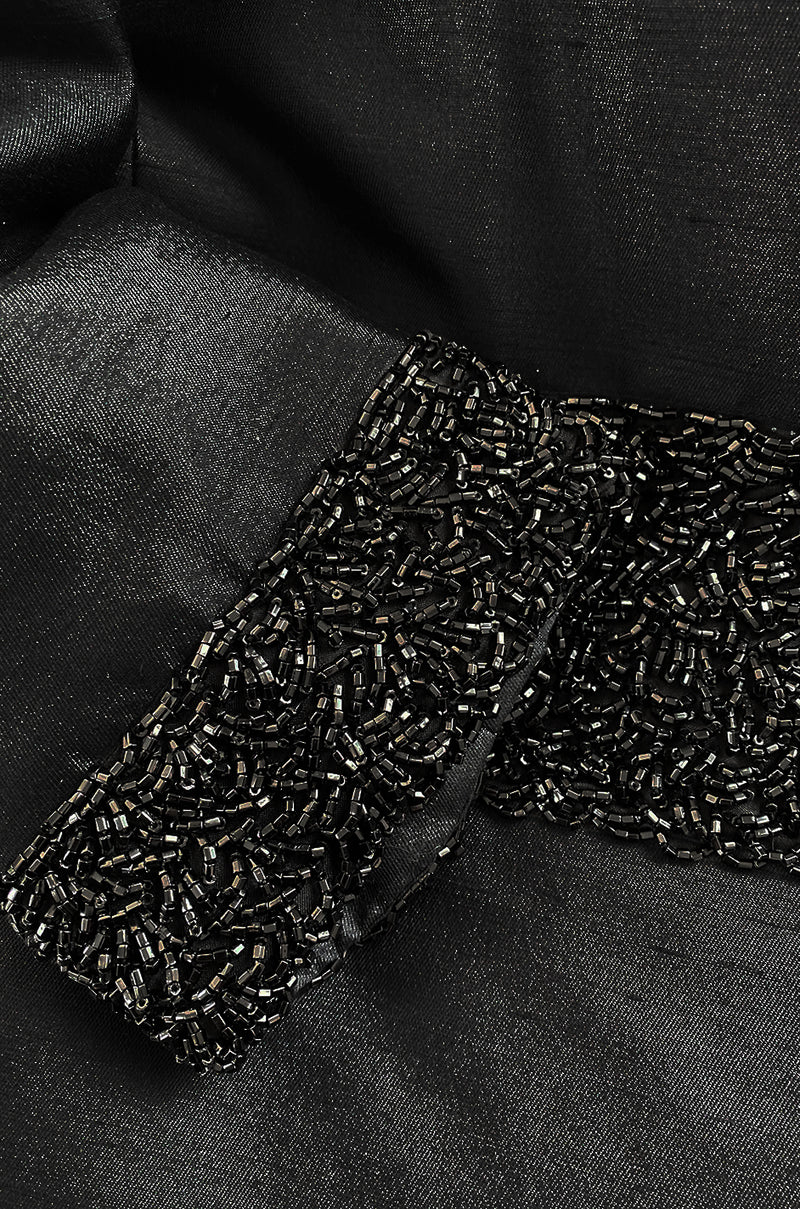1950s Black Silk Evening Coat w Heavy Beading at the Hem, Cuffs & Waist
