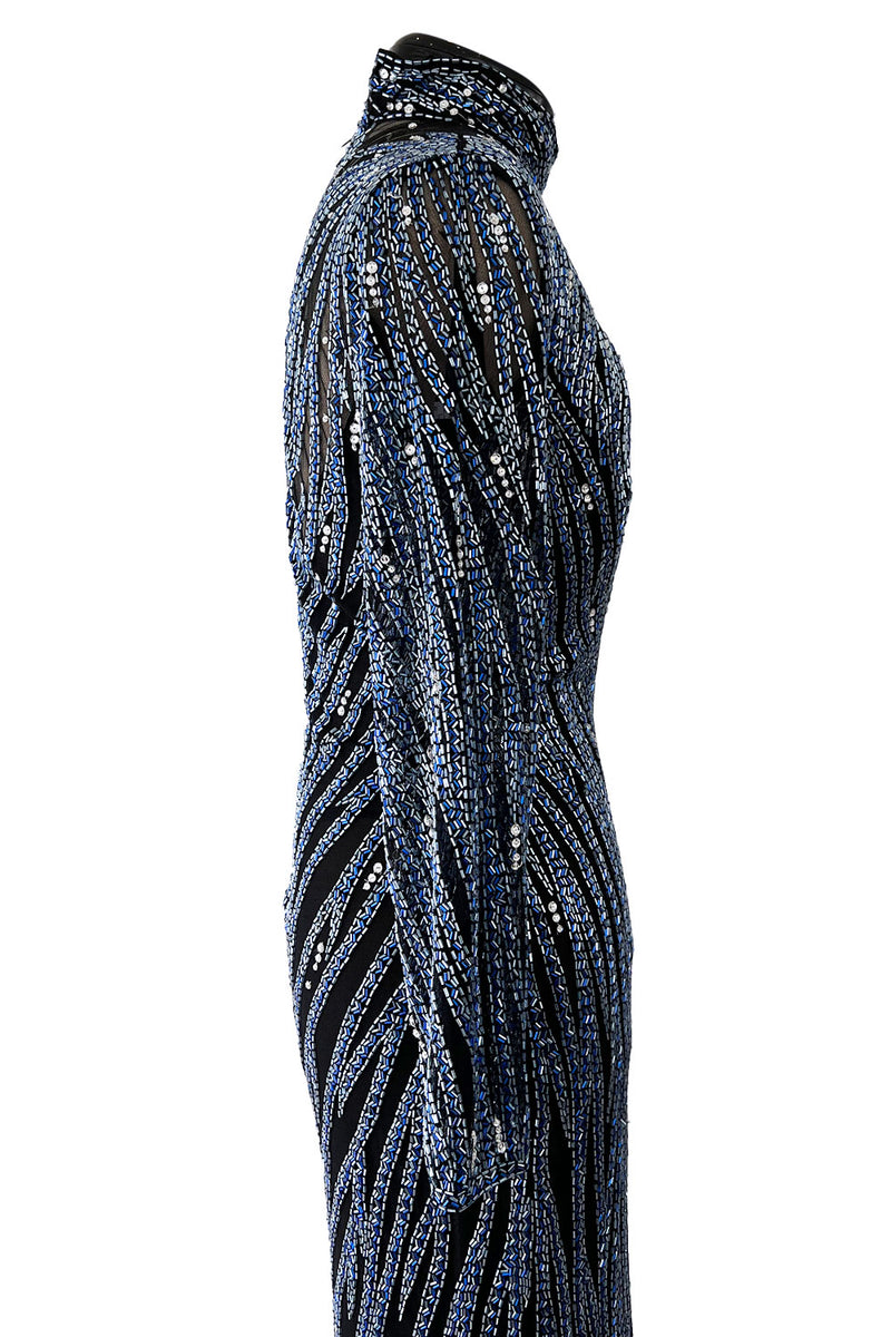 Incredible 1980s Bob Mackie Blue & Silver Beaded & Sequin Dress on Black Net