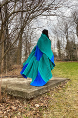 Rare 1980s Isabel Canovas Huge Pleated Green & Blue Silk Shawl Cape