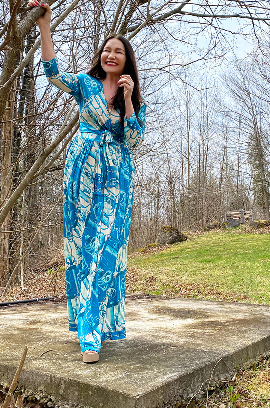 Rare 1972 Hermes 'Cliquetis' by Julia Abadi Printed Turquoise Silk