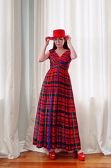 1970s Mollie Parnis Boutique Plaid Coral Blue & Green Print Chiffon Dress