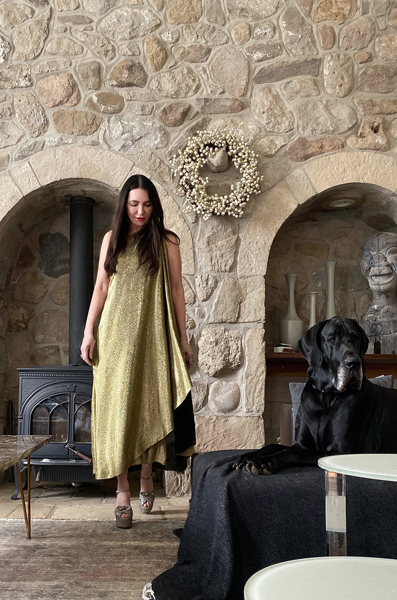 c.1978 Halston One Shoulder Gold Lame Jersey Full Length Maxi Dress