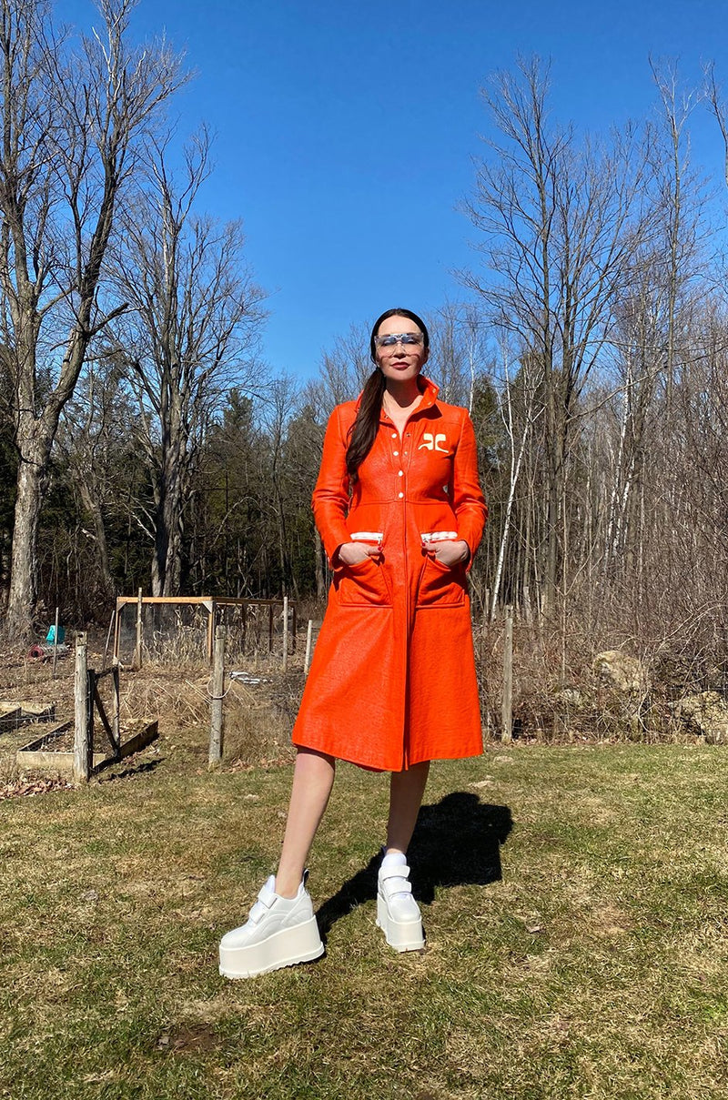 Iconic 1960s Andres Courreges Vivid Orange  & White Vinyl Coat or Dress w Original Belt