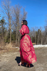 1980s Adele Simpson Pink & Gold Metallic Lame Beaded Dress w Beading