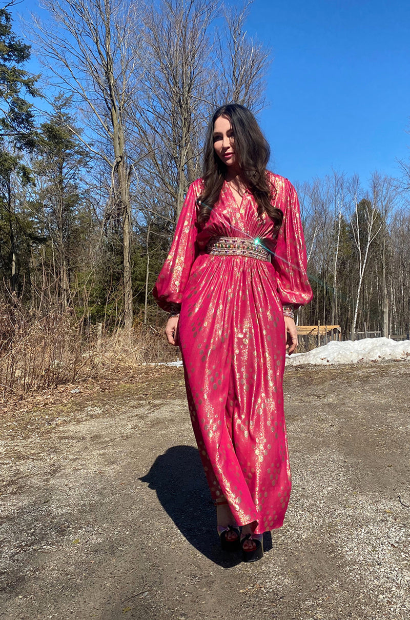1980s Adele Simpson Pink & Gold Metallic Lame Beaded Dress w Beading