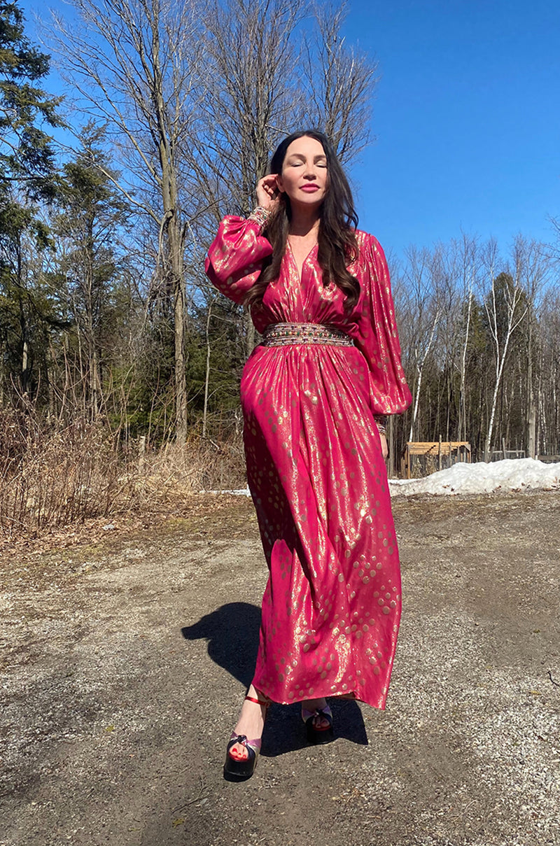 1980s Adele Simpson Pink & Gold Metallic Lame Beaded Dress w Beading