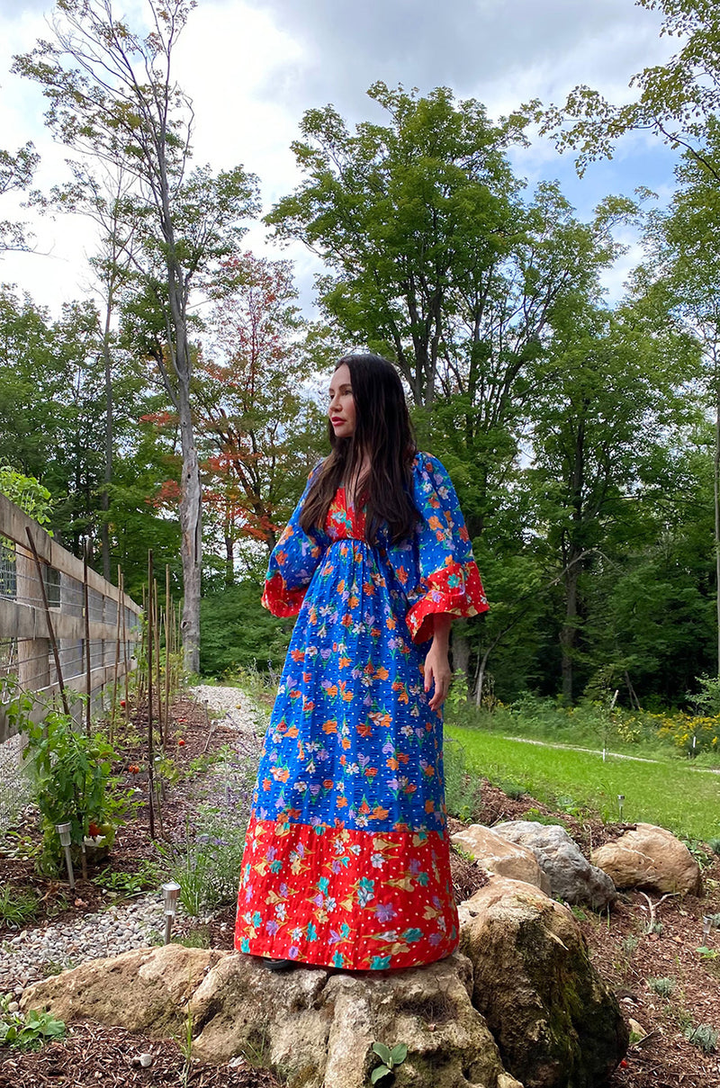 1960s Young Innocents by Arpeja Red & Blue Cotton Floral Print Caftan Dress