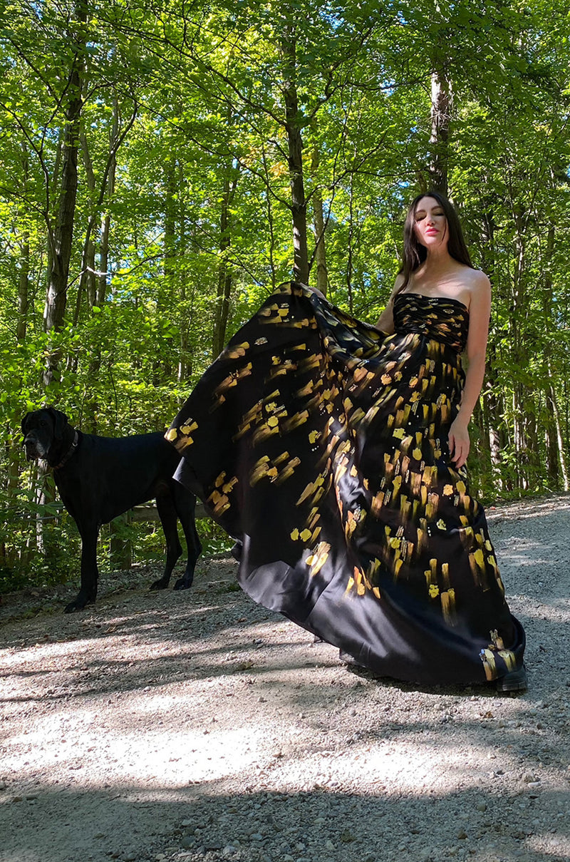 Fall 2008 Oscar De La Renta Strapless Hand Painted Gold & Black Silk D Shrimpton Couture Fall 2008 Oscar De La Renta Strapless Hand Painted Gold & Black Silk D Shrimpton Couture