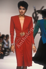 Iconic Fall 1985 Yves Saint Laurent Ad Campaign Red Plunge Dress w Jewel Clasp