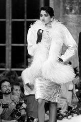 Documented Fall 1984 Emanuel Ungaro Haute Couture Silver Velvet Dress & Feather Jacket