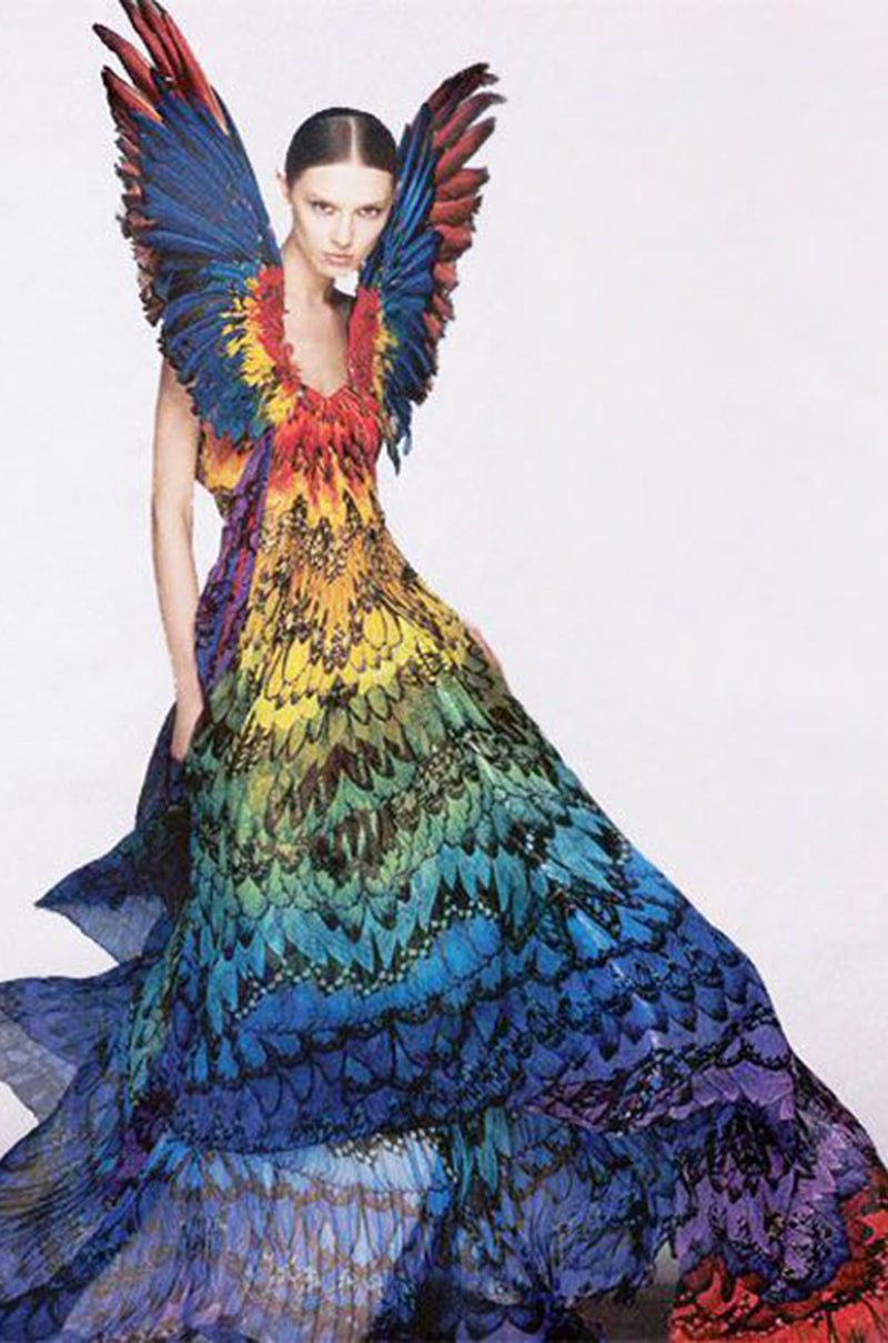 Spring 2008 Alexander McQueen Iconic Strapless Silk Chiffon Butterfly Rainbow Dress w Belt