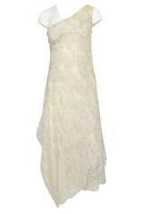 1970s Stavropoulos Gold Metallic & Ivory Lace One Shoulder Dress