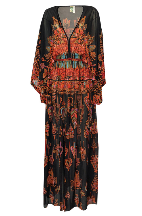Incredible 1970s Gottex Plunging Light Print Nylon Caftan Dress