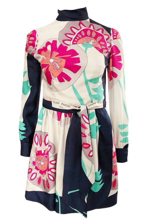 1960s Jean Patou Couture Signed Scarf Print Silk Twill Mini Dress