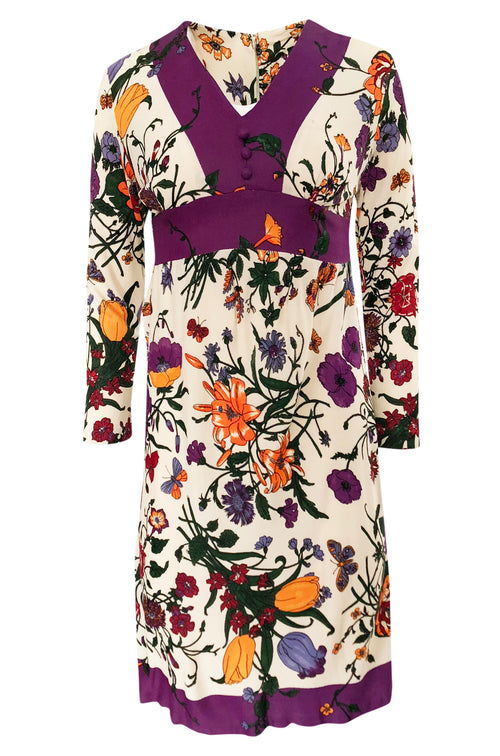 1960s Unlabeled 'Gucci' Floral & Fauna Print Rayon Jersey Dress