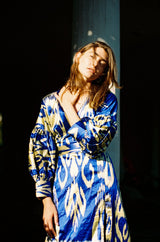 Recent Zazi Vintage Silk Ikat "Madhu" Bliue & Gold Caftan Dress