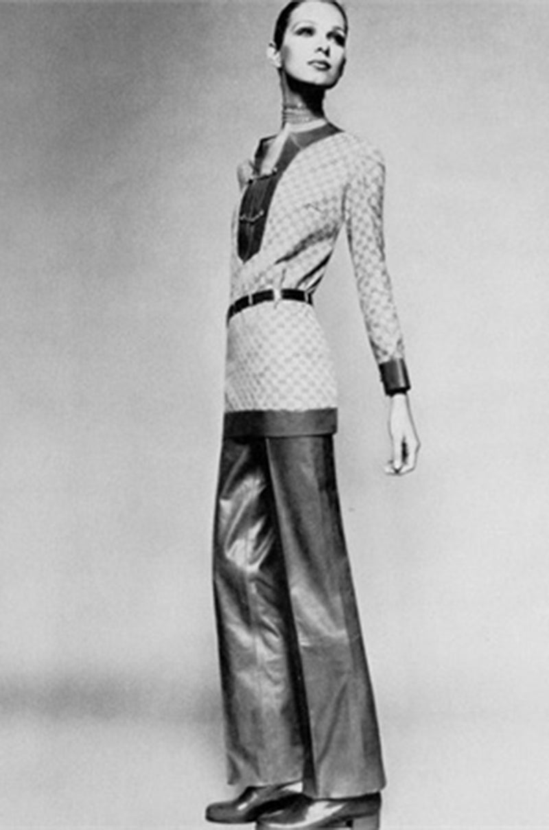 Documented 1969 Gucci Logo Canvas and Leather Trim Tunic Mini Dress