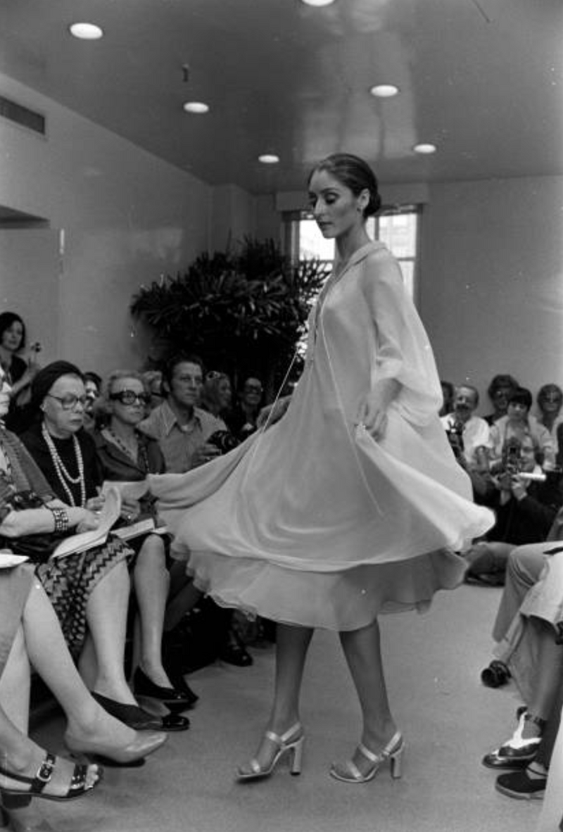 Resort 1974 Halston Bias Cut Silk Chiffon Lace Up Front Ivory Dress