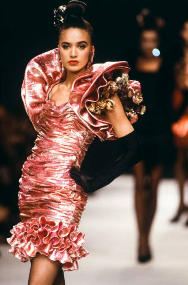 Fall 1988 Emanuel Ungaro Strapless Metallic Gold & Coral Dress w Flirty Ruffled Skirt