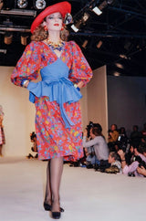 Spring 1983 Yves Saint Laurent Red Floral Print Balloon Sleeve Dress w Corset Waist & Peplum