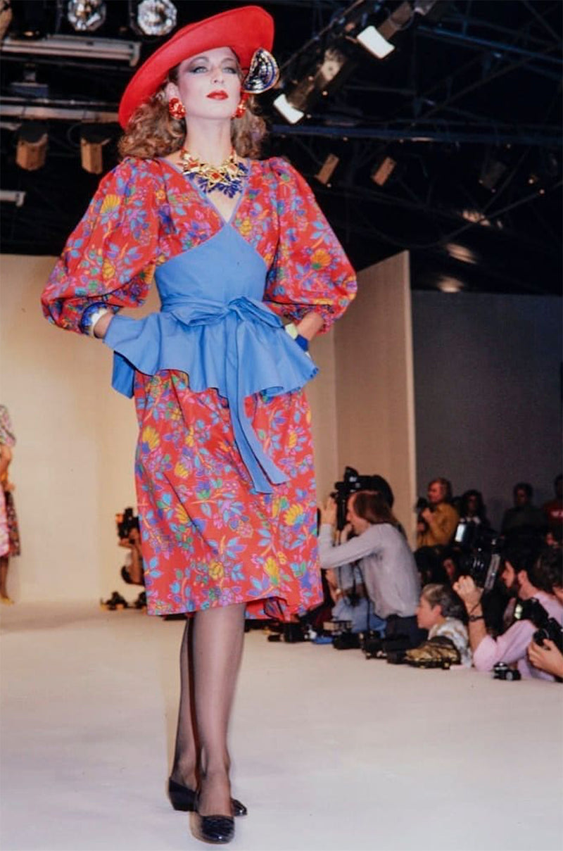Spring 1983 Yves Saint Laurent Red Floral Print Balloon Sleeve Dress w Corset Waist & Peplum