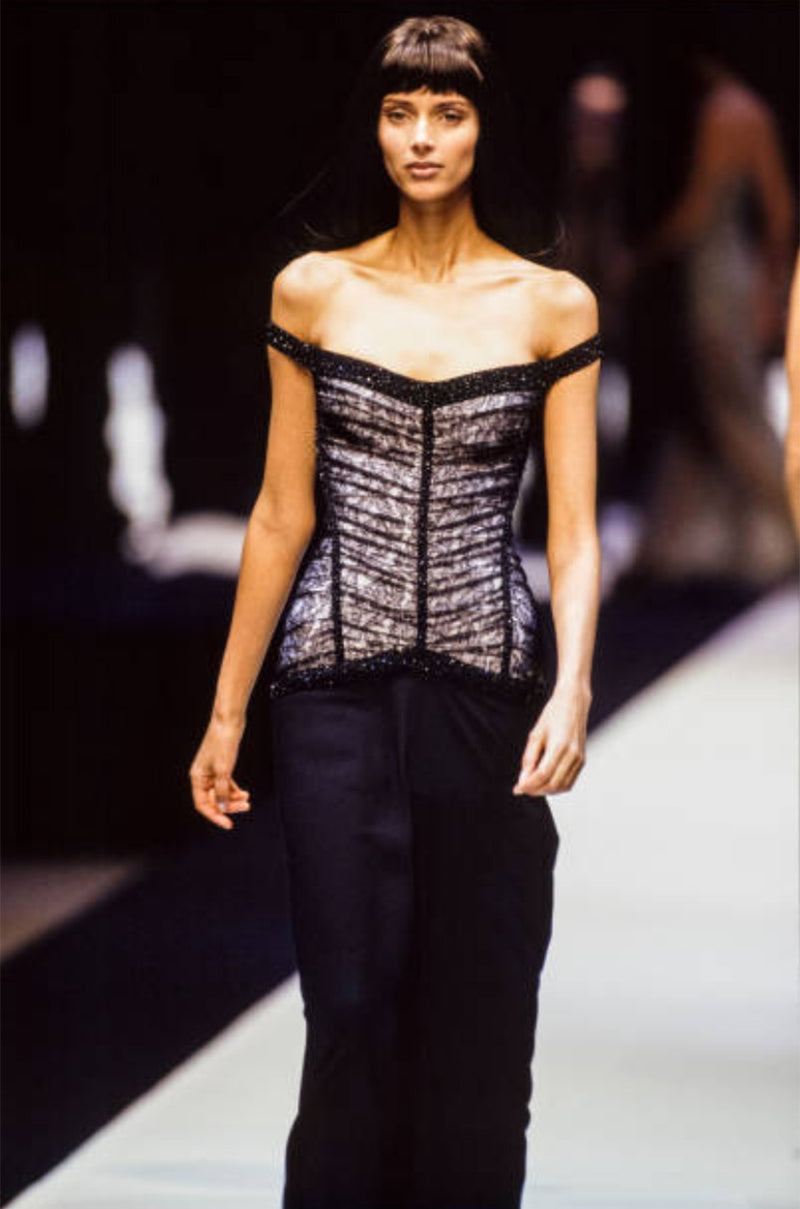 Original Fall 1997 Herve Leger Couture Lace & Bead Bandage Fitted Black Dress w Wide Straps