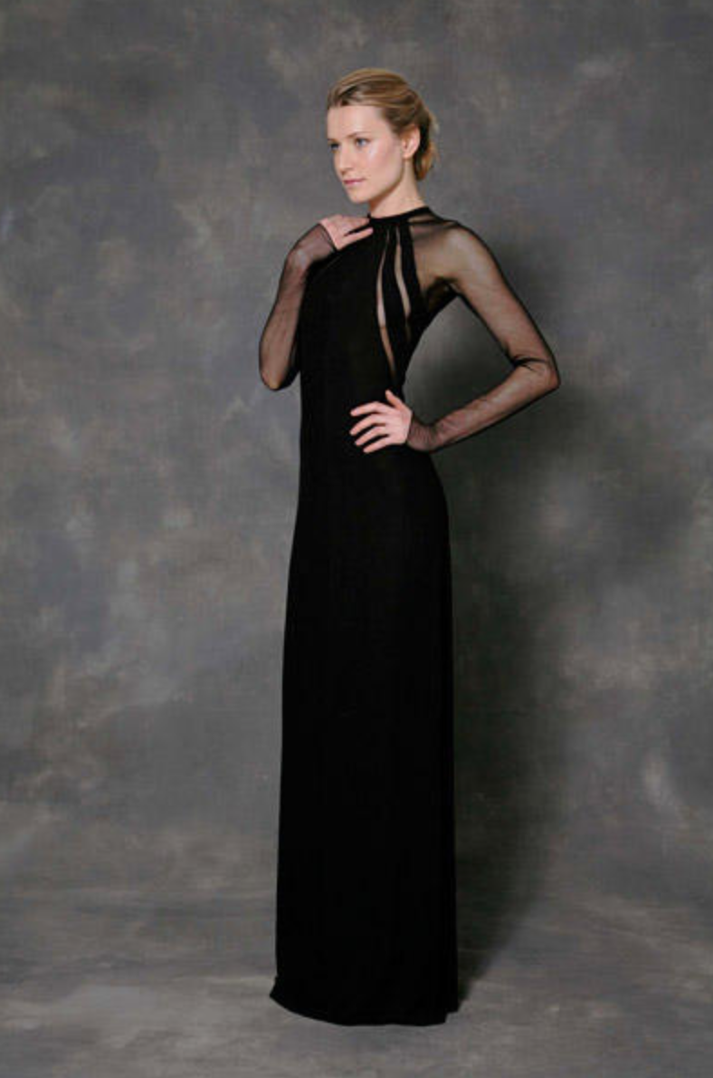 Spectacular 2005 John Anthony Couture Black Stretch Jersey Dress w Curved Netted Cut Outs