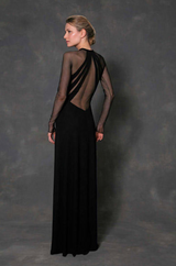 Spectacular 2005 John Anthony Couture Black Stretch Jersey Dress w Curved Netted Cut Outs
