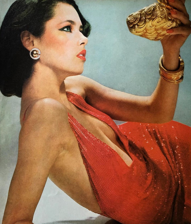 Showstopping 1975 John Anthony Couture Deep Plunging Red Dress Entirely Covered in Glass Beads