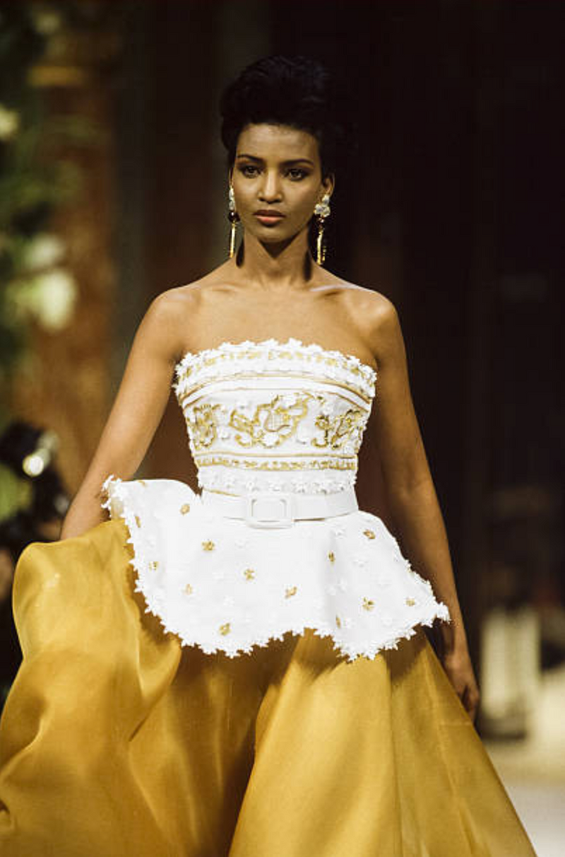 Prettiest 1994 Givenchy Couture Floral Crochet Bodice Dress w Gold Silk Skirting