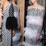Gorgeous Fall 2019 Huishan Zhang Runway Black & Silver Sequin Dress w Feather Sleeves