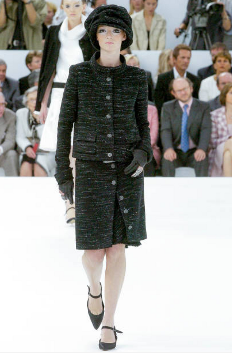 Chic Fall 2004 Chanel by Karl Lagerfeld Haute Couture Black & White Boucle Runway Dress & Jacket