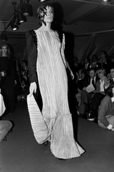 Fall 1980 Mary McFadden Pleated Two Colour Sleeve Dress w Bead Detail