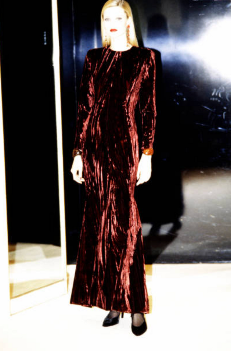 Extraordinary Fall 1998 Yves Saint Laurent Deep Red Moire Velvet Dress w Orginal Tag