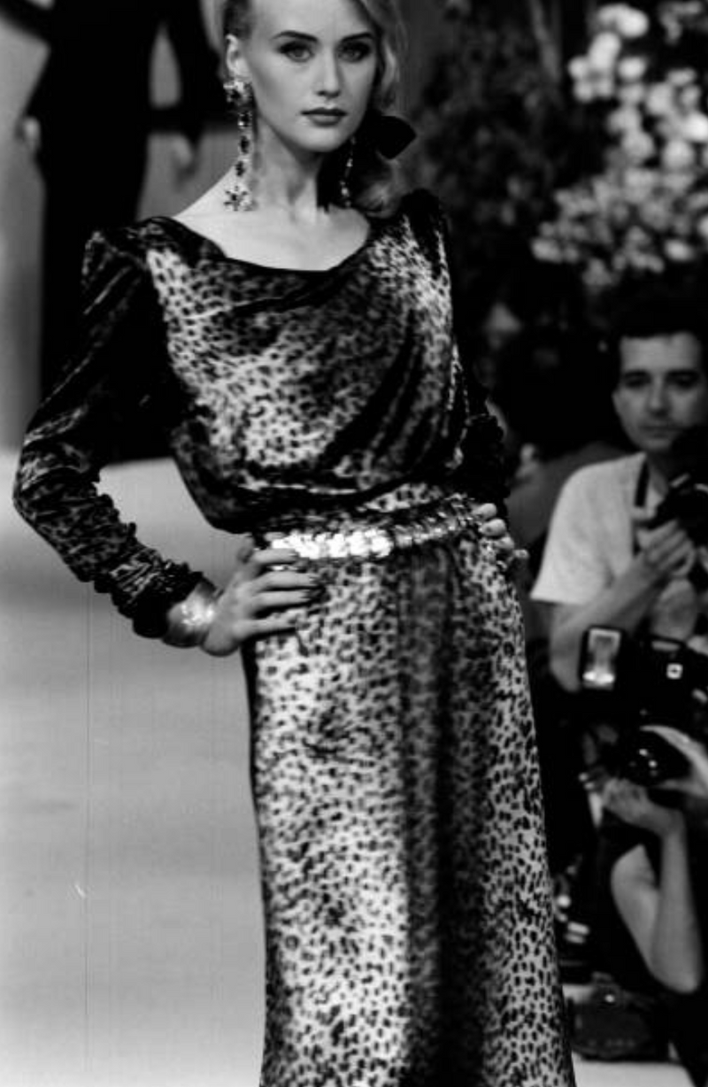 Important Spring 1993 Yves Saint Laurent Runway Draped Neckline Panne Velvet Leopard Print Dress