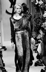 Important Spring 1993 Yves Saint Laurent Runway Draped Neckline Panne Velvet Leopard Print Dress