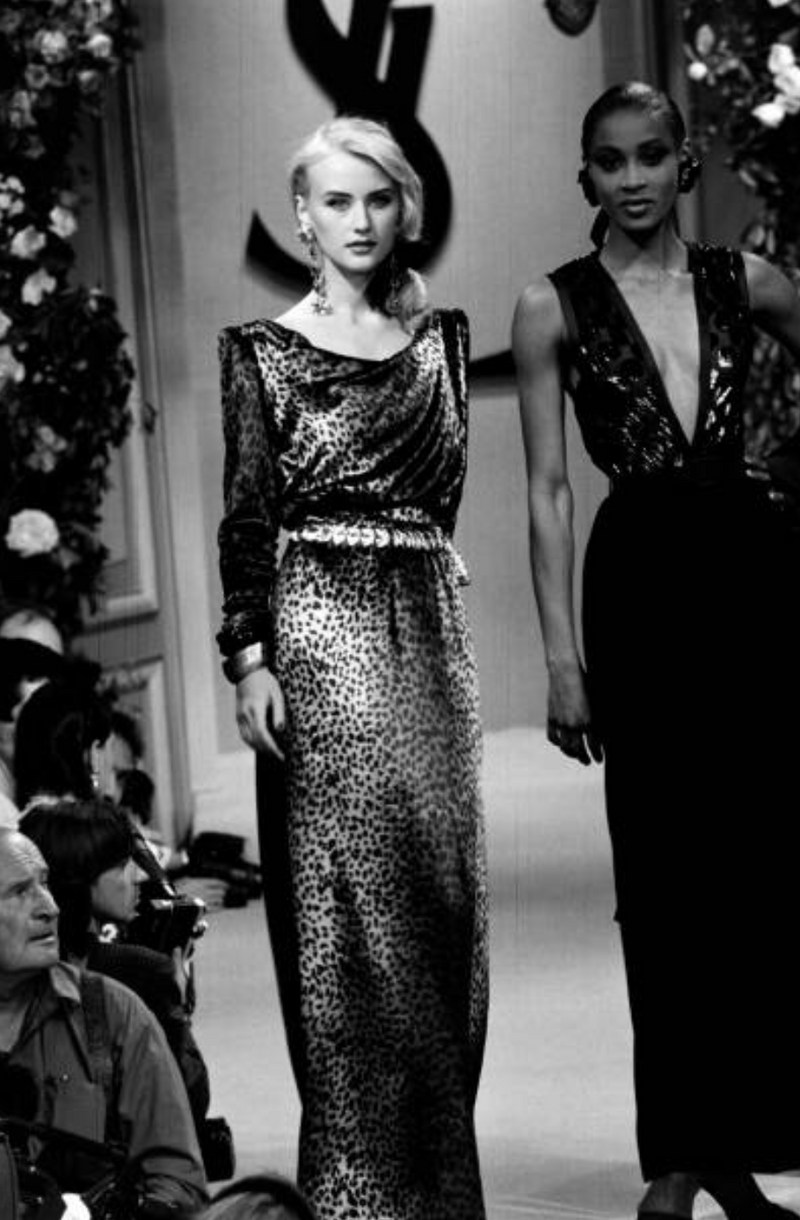 Important Spring 1993 Yves Saint Laurent Runway Draped Neckline Panne Velvet Leopard Print Dress