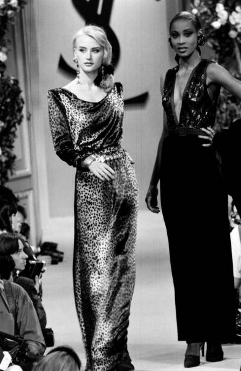 Important Spring 1993 Yves Saint Laurent Runway Draped Neckline Panne Velvet Leopard Print Dress