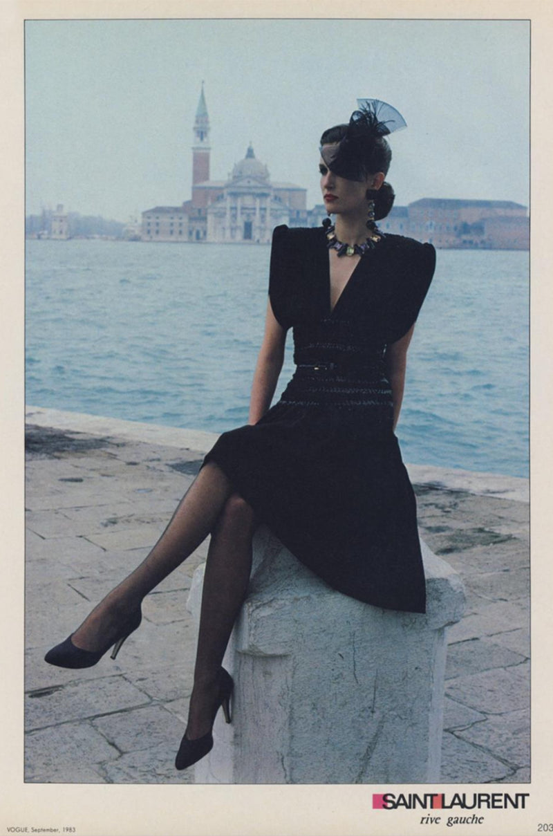 Fall 1983 Yves Saint Laurent Ad Campaign Black Silk Crepe Dress w Sequ Shrimpton Couture Fall 1983 Yves Saint Laurent Ad Campaign Black Silk Crepe Dress w Sequ Shrimpton Couture