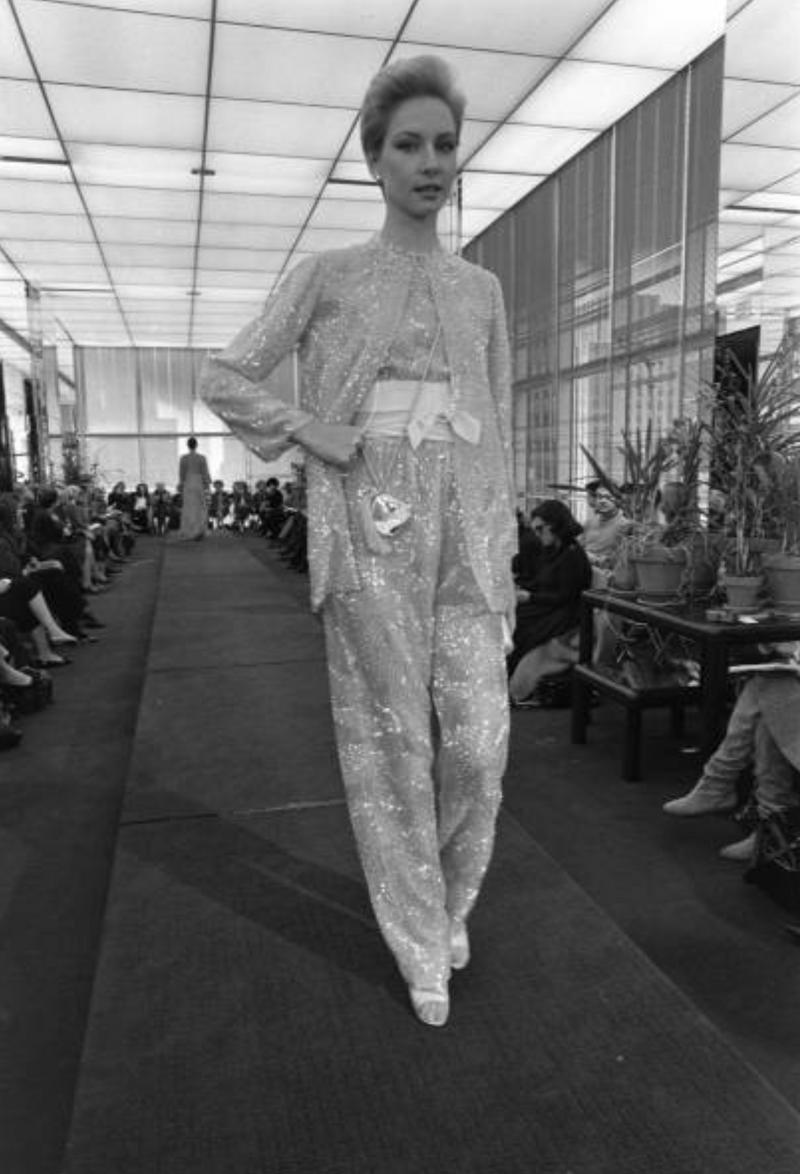 Documented Spring 1981 Halston Runway Silver Tube Bead on Silk Backless Halter Pant & Jacket Set