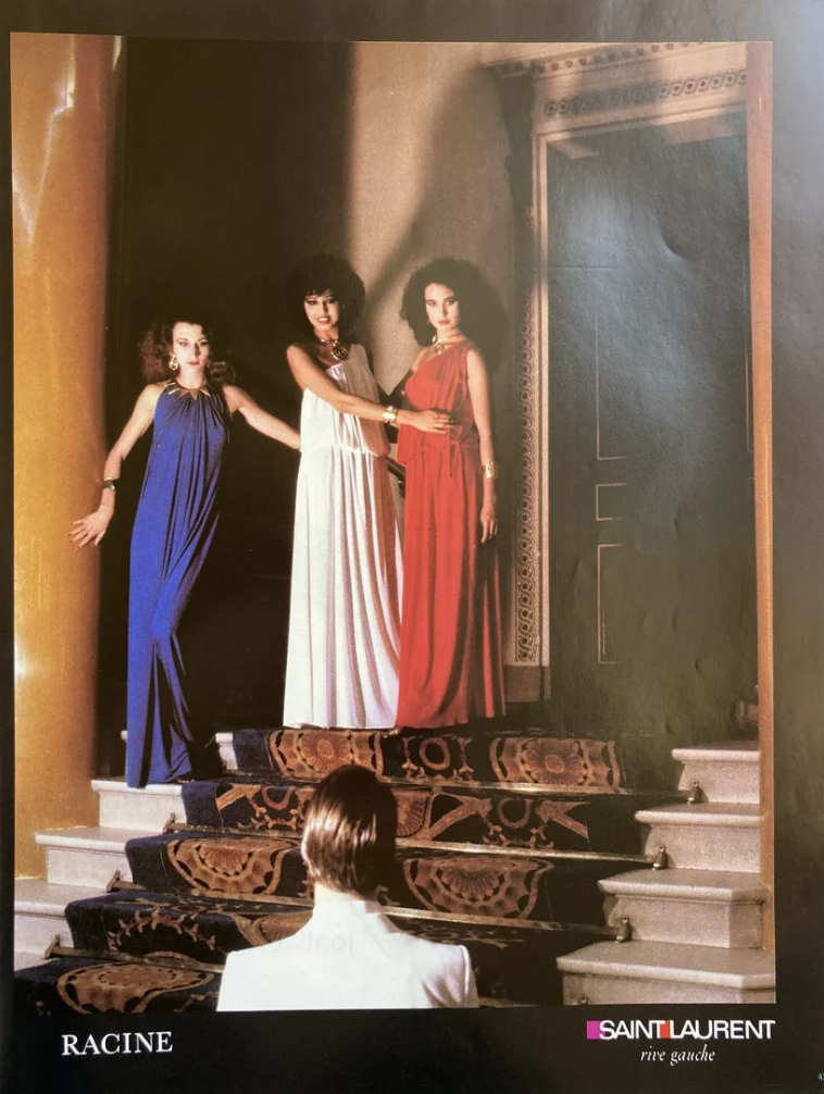 Spring 1982 Yves Saint Laurent Runway & Ad Campaign Red Jersey One Shoulder Dress