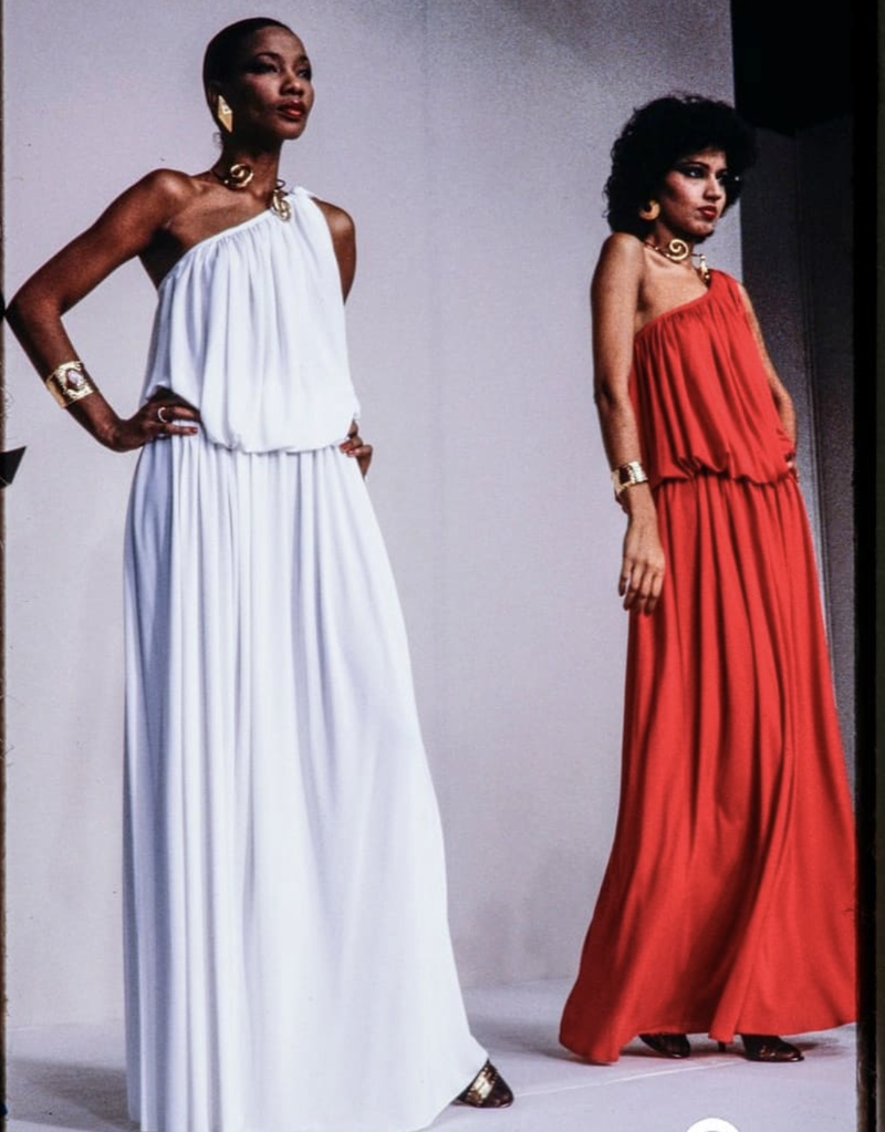 Spring 1982 Yves Saint Laurent Runway & Ad Campaign Red Jersey One Shoulder Dress