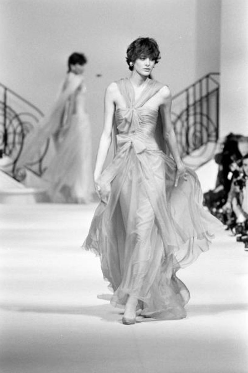 Incredible Spring 1985 Chanel by Karl Lagerfeld Pale Nude Silk Chiffon Dress w Attached Cape