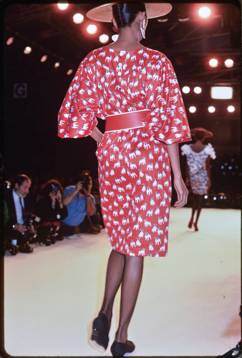 Iconic Spring 1987 Yves Saint Laurent Runway French Bulldog Printed Red Dress