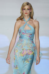 Spring 2004 Valentino Runway Pale Turquoise Silk Chiffin Print Dress