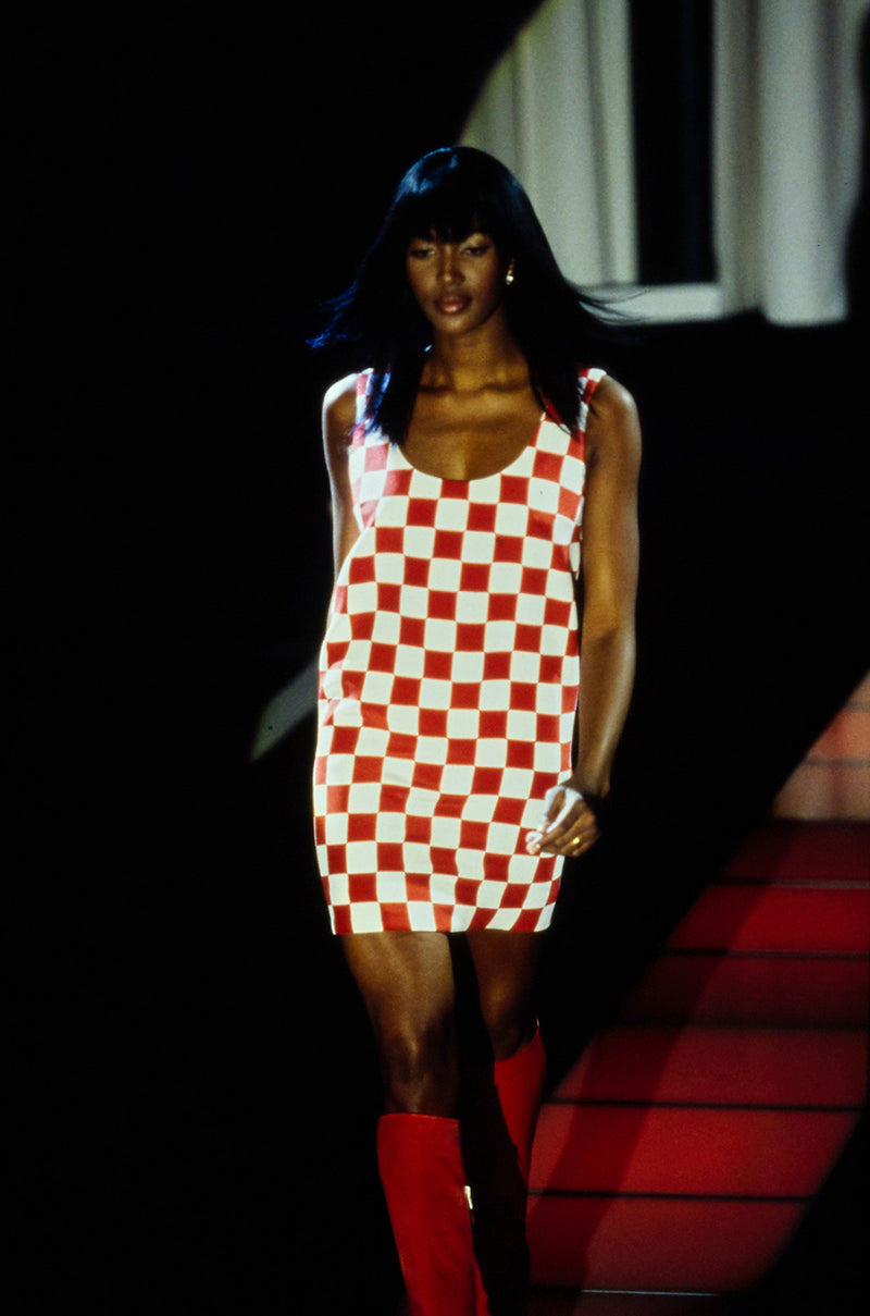 Rare Fall 1995 Gianni Versace Runway & Ad Campaign Black & White Check Shift Dress