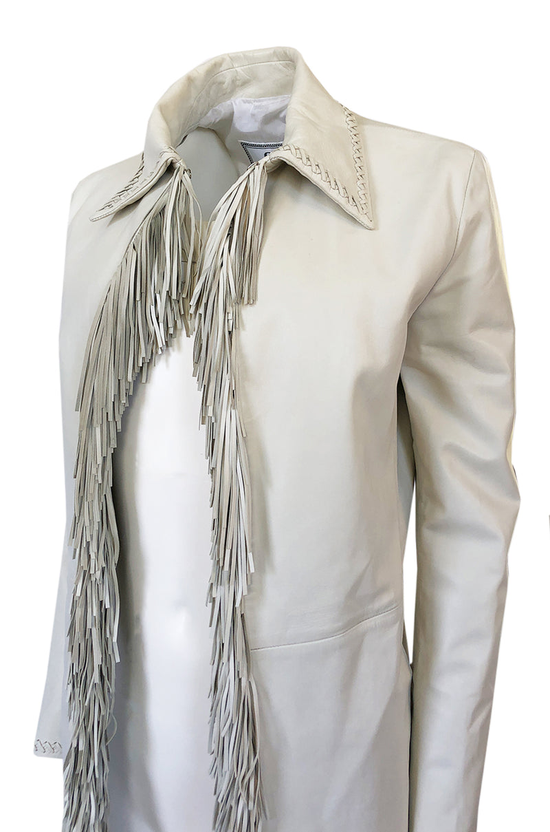 Spring 2002 Gianni Versace Butter Soft Fringe Ivory Leather Jacket