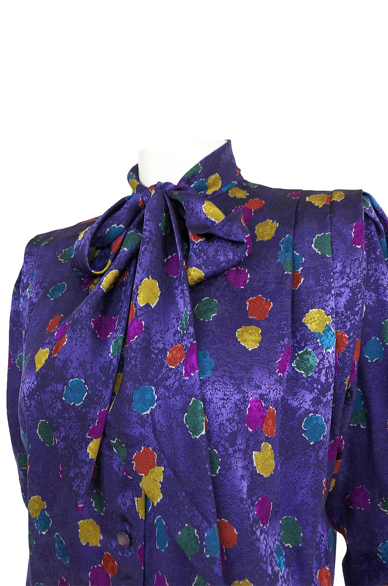 1980s Emanuel Ungaro Unusual Sleeve Purple Print Silk Top w Tie